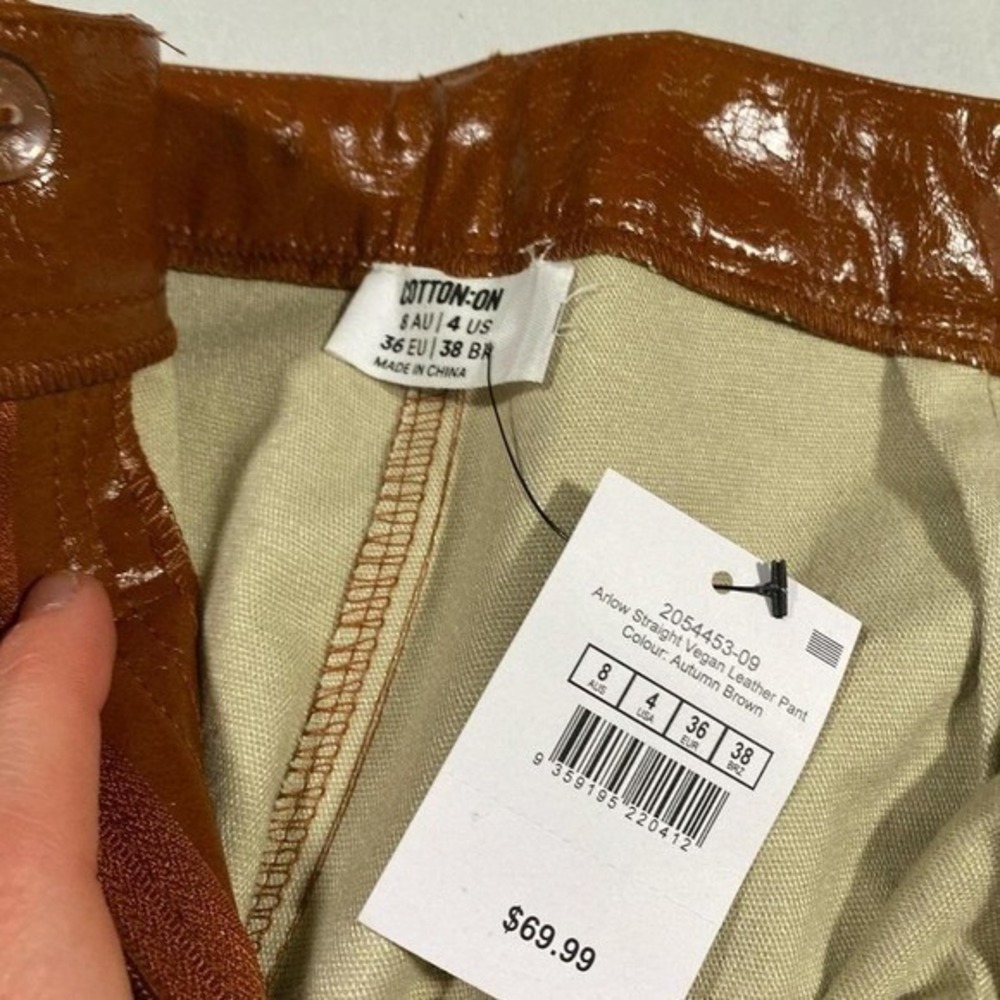NWT Cotton On Arlow Straight‎ Vegan Leather Pants Size 4 High Rise Autumn Brown - Picture 4 of 4